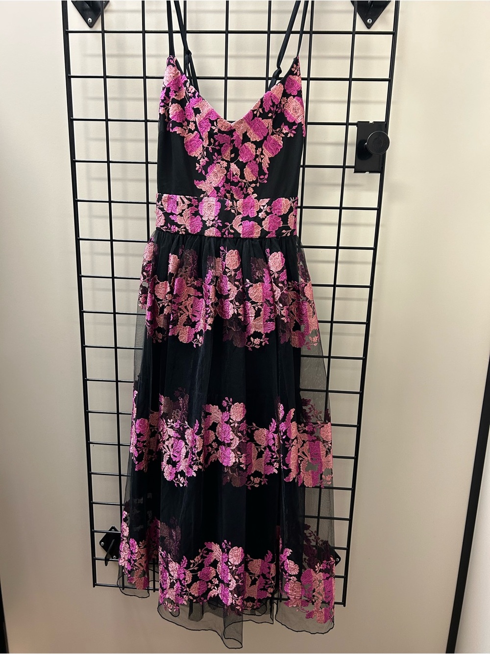 Christian Siriano Midi Dress with Pink Floral Embroidery on Black Tulle